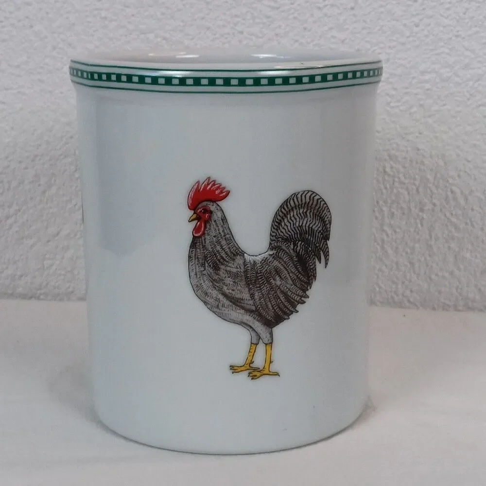 Late 20th Century Rooster White Stoneware Utensil Holder Crock Bia Cordon Bleu
